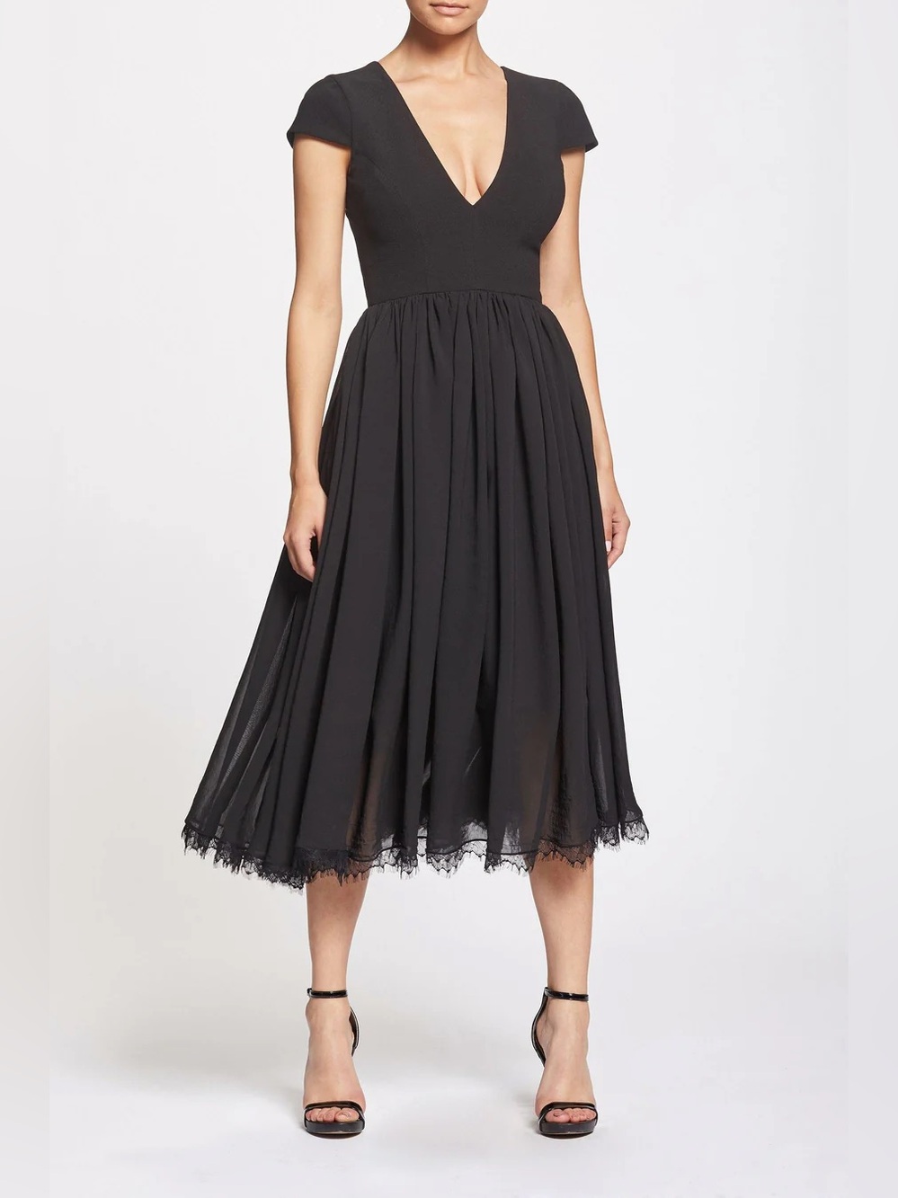Dress the Population Black Midi V-Neck Fit-and-Flare Dress
